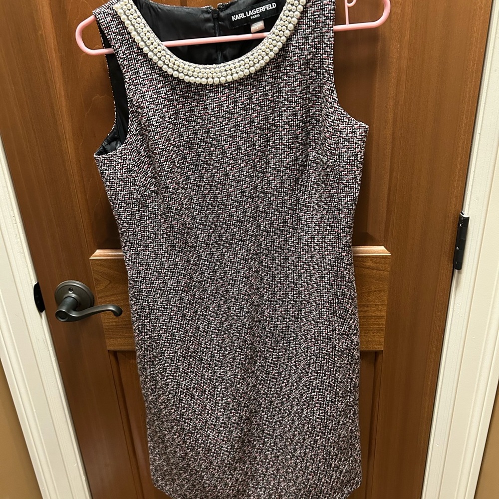 Karl Lagerfeld Black White Pink Tweed Mini Dress with Pearl Collar